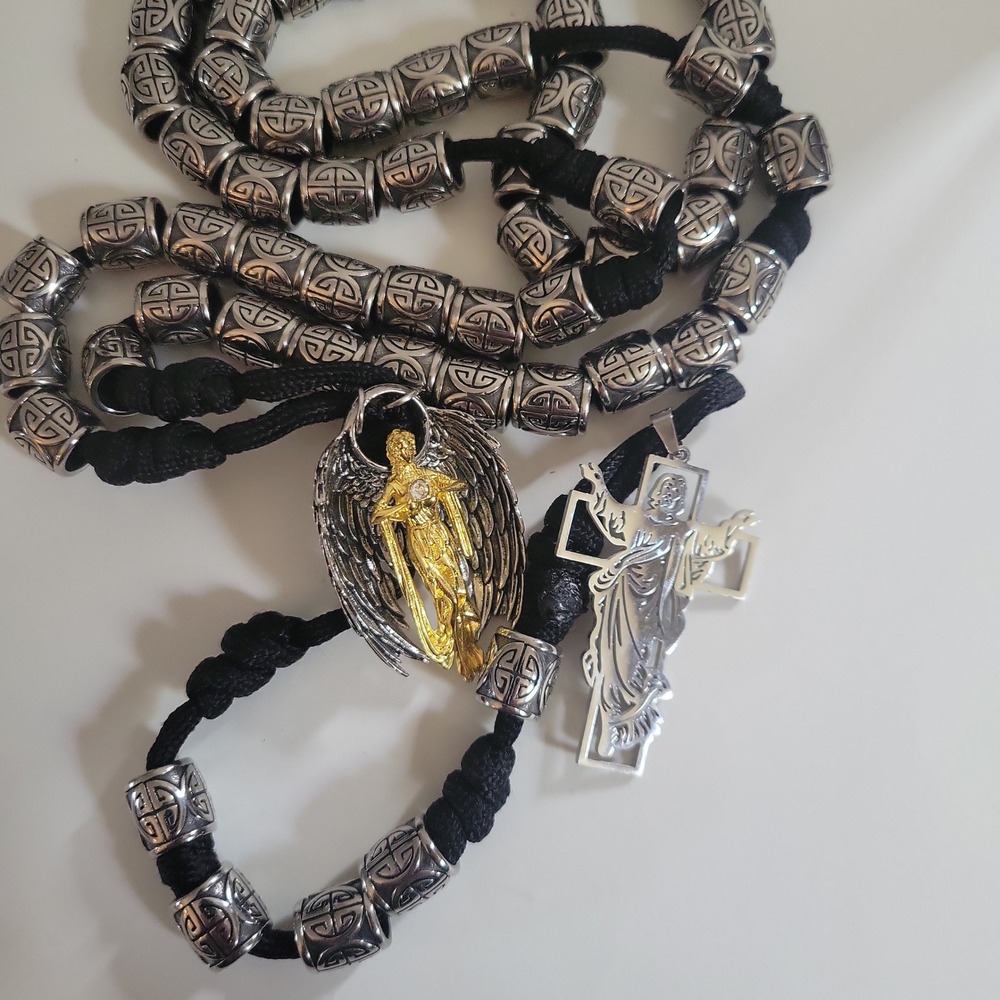 Contemporary Prayer Bead Necklace With Angel And Cross Pendant Y2K